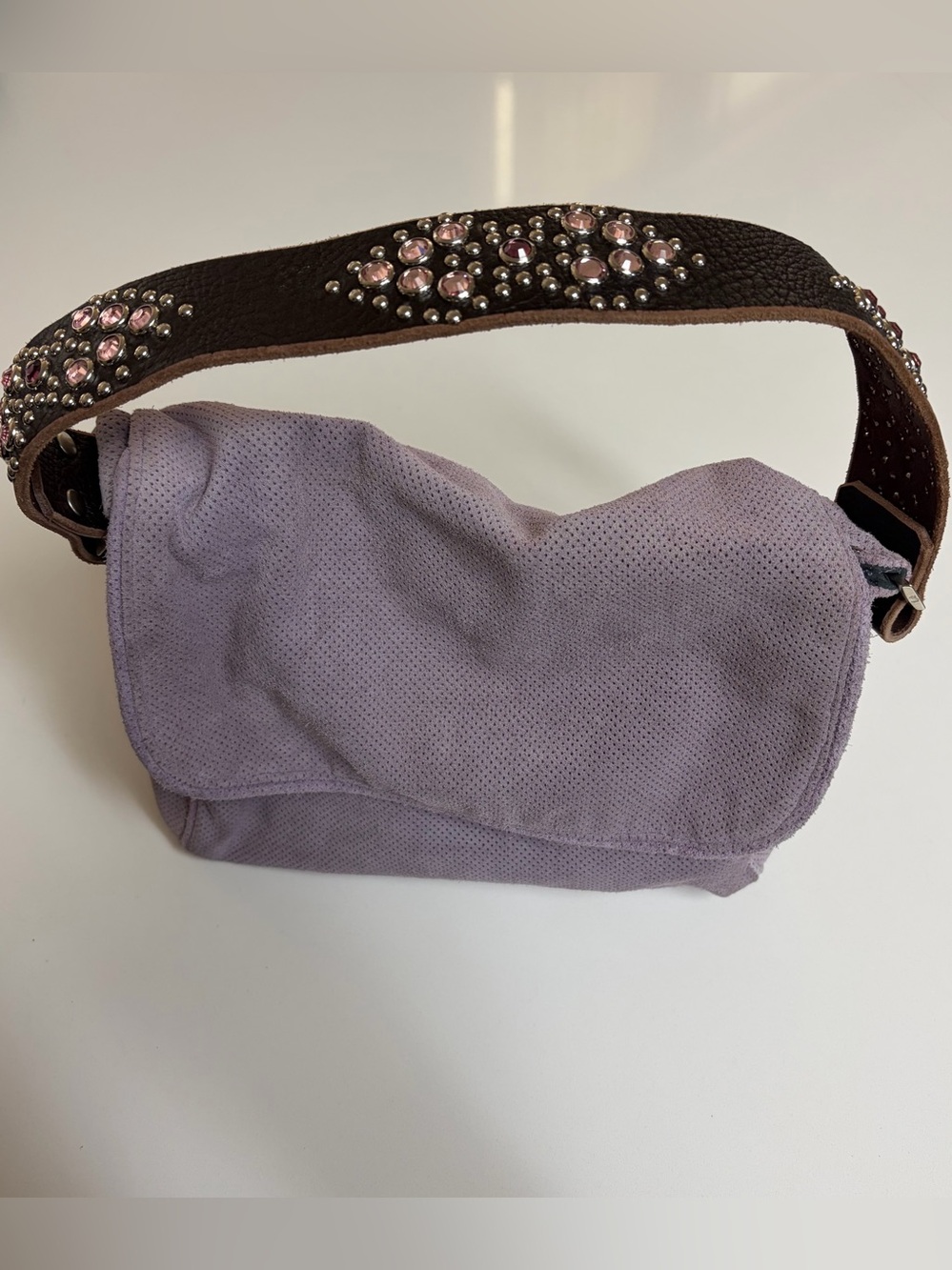 Tylie Malibu Lavender Suede Shoulder Bag with Studded Brown Strap.